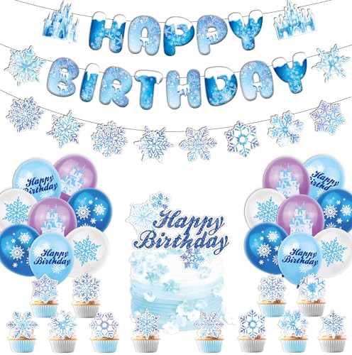 32 piezas Decoraciones para fiestas con temática de copos de nieve congelados, incluyendo adornos para tartas con castillos de copos de nieve y pancartas de cumpleaños
