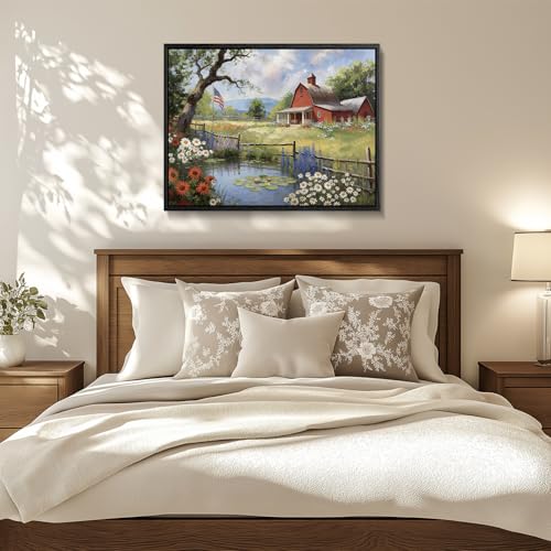 Image of American Flag Framed Canvas Wall Art, 4th of Jul Floral Canvas Prints, Summer Cottage Landscape Patriotic Decorations, Vintage Rustic Independence Day Wall Decor for Bedroom Living Room 16x20