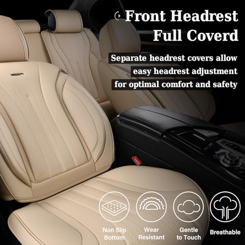 Image of Coverado Car Seat Covers, Front Seat Covers for Cars, 2 Pack Beige Leather Seat Covers, Universal Seat Covers Front Seat, Automotive Seat Covers Waterproof Car Seat Protector Fit for Most Vehicles