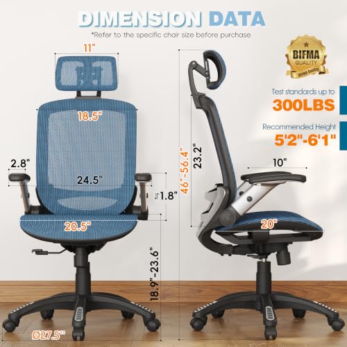 Image of GABRYLLY Ergonomic Office Chair, High Back Home Desk Chair with 2D Flip-Up Arms, 3D Headrest, 90-120 Tilt and Wide Cushion, Big and Tall Mesh Chairs for Man Woman, Blue Computer Task Chair