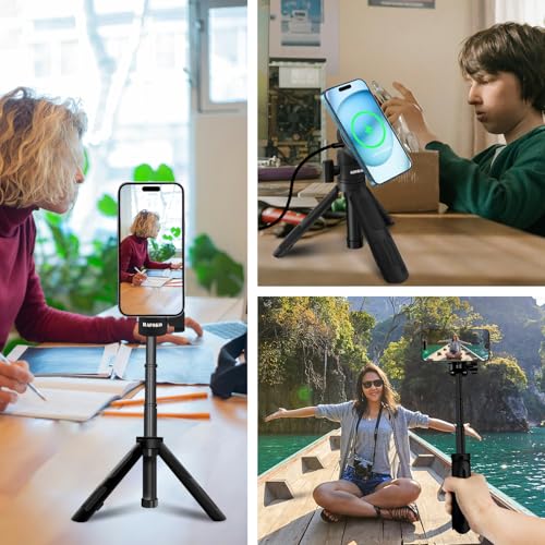 Image of Magnetic Cell Phone Selfie Stick Tripod with 1 /4 inch Magnetic Wireless Charging Tripod Mount Extendable Mini Desktop Smartphone Tripod compatibel for Magsafe iPhone 14 /13 /12 Pro Max All Phones