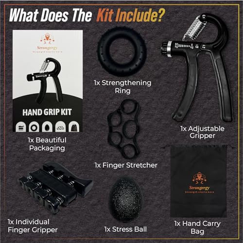 Strongergy Hand Grip para Ejercitar Antebrazo - Kit de 5 piezas, Fortalecedor de Agarre Ajustable, Fortalecedor de Dedos, Goma para Estirar Dedos, Pelota Antiestrés, Anillo para Fortalecer Mano - Imagen 3