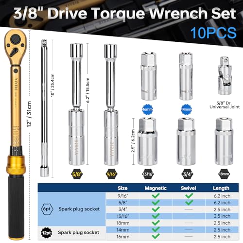 Yiyeie 10Pcs Magnetic Spark Plug Socket Set With Torque Wrench 3/8 Drive thumb #2