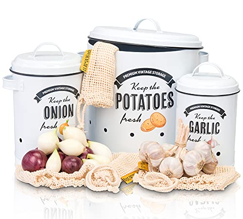 SPAZIO A SUFFICIENZA - I nostri tre contenitori da dispensa in metallo ti offrono ampio spazio di stoccaggio. Il più grande contiene 4kg di patate, il secondo 2kg di cipolle, e il più piccolo 1kg di aglio.