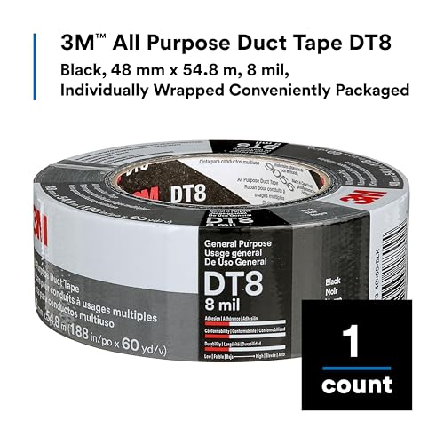 Image of 3M DT8 Industrial Strength Multi-Use Duct Tape, Black, 1.88in x 60 yd x 8 mil Thickness - Professional Grade Adhesive, 1 Pack