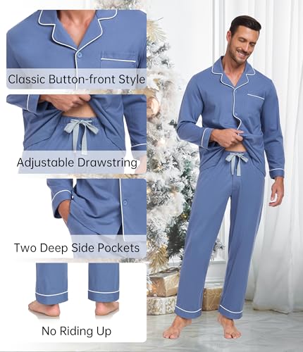 COLORFULLEAF Men's 100% Cotton Pajama Sets Breathable Long Sleeve Pjs Mens Cotton Sleepwear With Pockets3