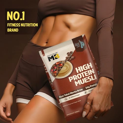 Image of MuscleBlaze High Protein Muesli (Blue Tokai Mocha Brew, 400g) | 24g Protein | With Raisins, Almonds & Super Seeds, High Protein Breakfast Cereals (Pack of 3)