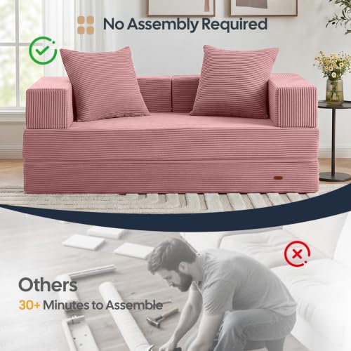 Image of COMAX Futon Sofa Bed, Convertible Sofa Bed, Folding Boneless Couches | Boneless Couch for living room, 4‑in‑1 Fold Out Small Foldable Loveseat Floor Sleeper Mattress Lounge Space‑Saving, Pink