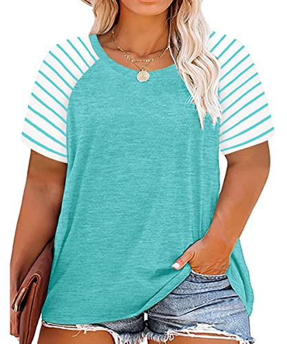 Image of CARCOS Plus Size Tops for Women Short Sleeve Raglan Striped Tee Color Block Crewneck /V Neck Tunic Loose Fit Summer XL-5XL