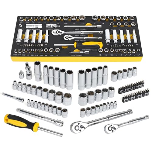 TOPLINE 79-Piece 1/4” & 3/8”Drive Impact Socket Wrech Set, 6-Point Socket Set, Metric, SAE CR-V Sockets with EVA Foam Tray for Bench Storage, Deep & Standard Mechanic Tool Set for Home Maintenance