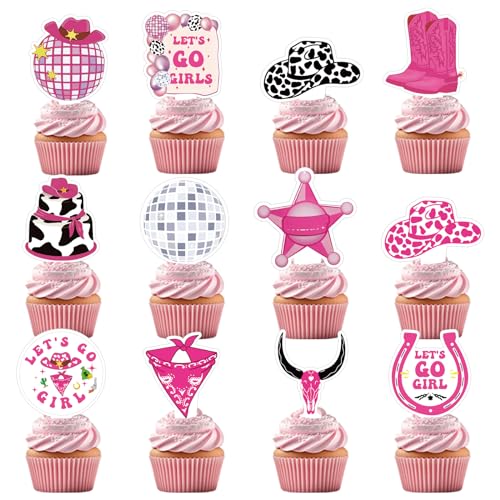 Yoomod 36PCS Cowgirl Cake Cupcake Toppers Let's Go Girls Party Decor Pink Disco Western Rodeo Birthday Bachelorette Decorations