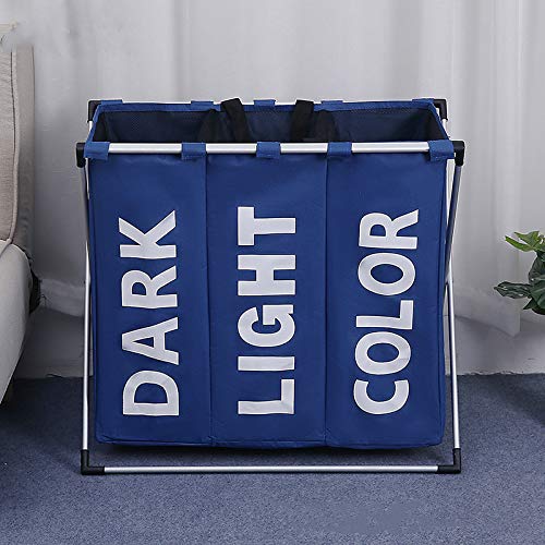 Laundry Cloth Hamper Sorter Basket Bin Foldable 3 Sections with Aluminum Frame 64cm × 38cm x 58cm Washing Storage Dirty Clothes Bag for Bathroom Bedroom Home (Dark blue)