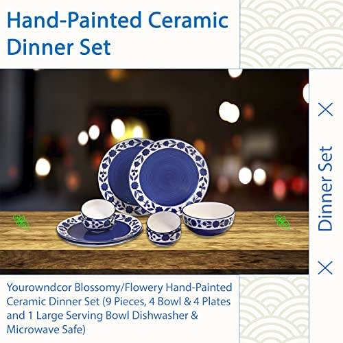 Image of Blossomy /Flowery Hand-Painted Ceramic Dinner Set (9 Pieces, 4 Bowl & 4 Plates and 1 Large Serving Bowl Dishwasher & Microwave Safe)