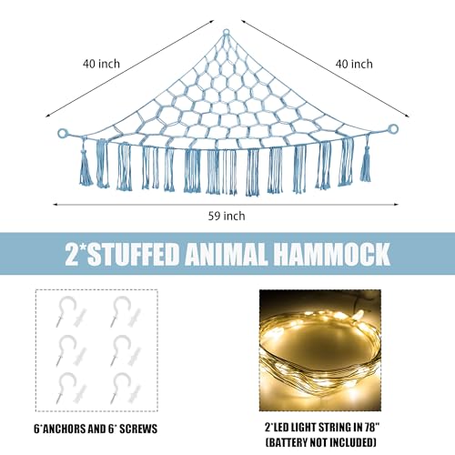 Image of CERETIA Stuffed Animal Hammock with LED Light, Large Stuffed Animals Storage Corner Plushie Net for Kids Room Decor, Baby Blue