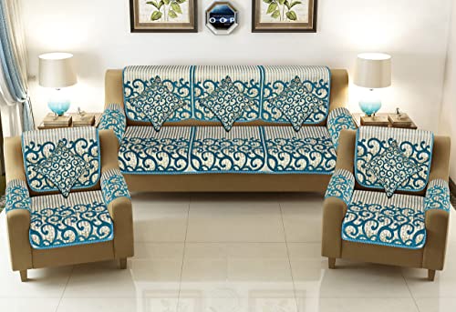 Image of SAWNA Homes 5 Seater Sofa Set with Cushion Covers for Living Comfort - 3 Seater and 2 Seater Sofa Covers with Arm Cover Set for Home - 16 Pcs Chenille Slip Cover for Sofa Couch Living Room, (Sky)