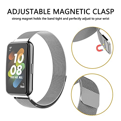 Niboow Strap Compatible with Huawei Band 7, Men Women Magnet Stainless Steel Metal Watch Bands Compatible with Huawei Band 7 - Sliver - Image 4