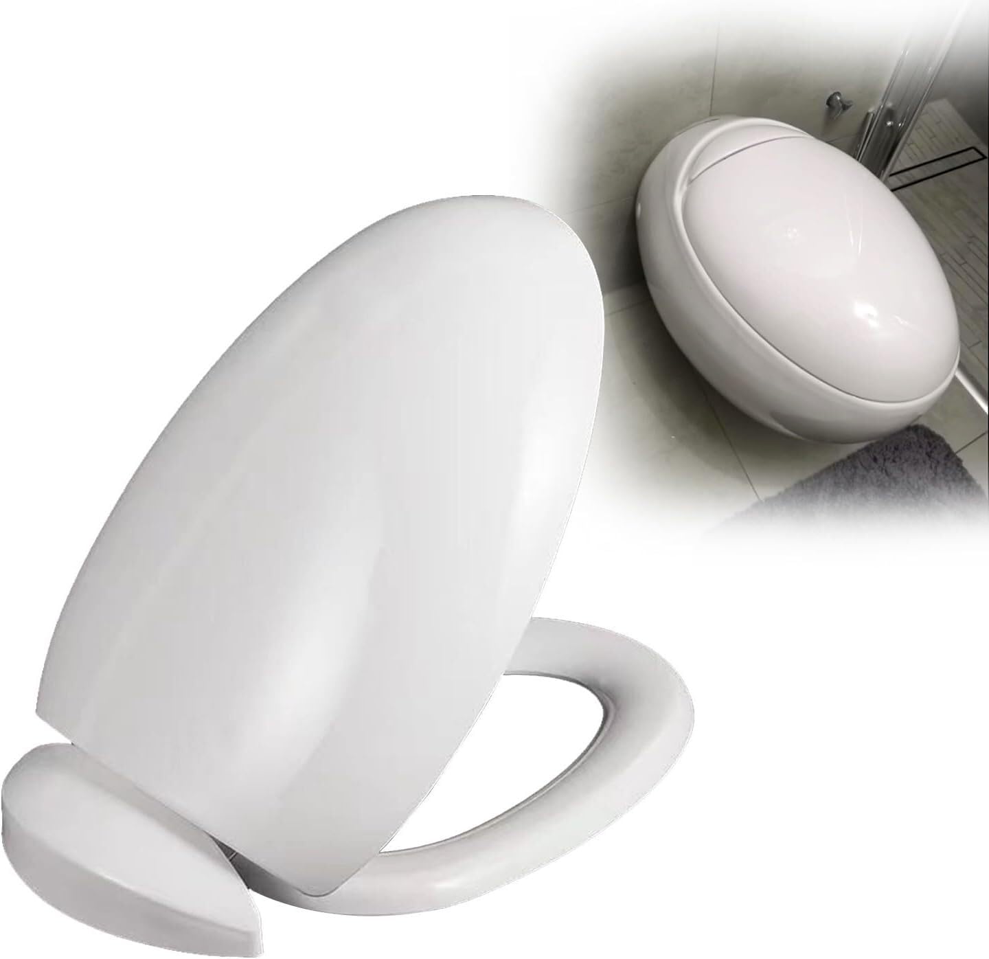 Tavoletta copri WC con abbassamento automatico e sgancio rapido, forma rotonda, forma a uovo, in plastica, facile da inserire, ideale per bagni moderni