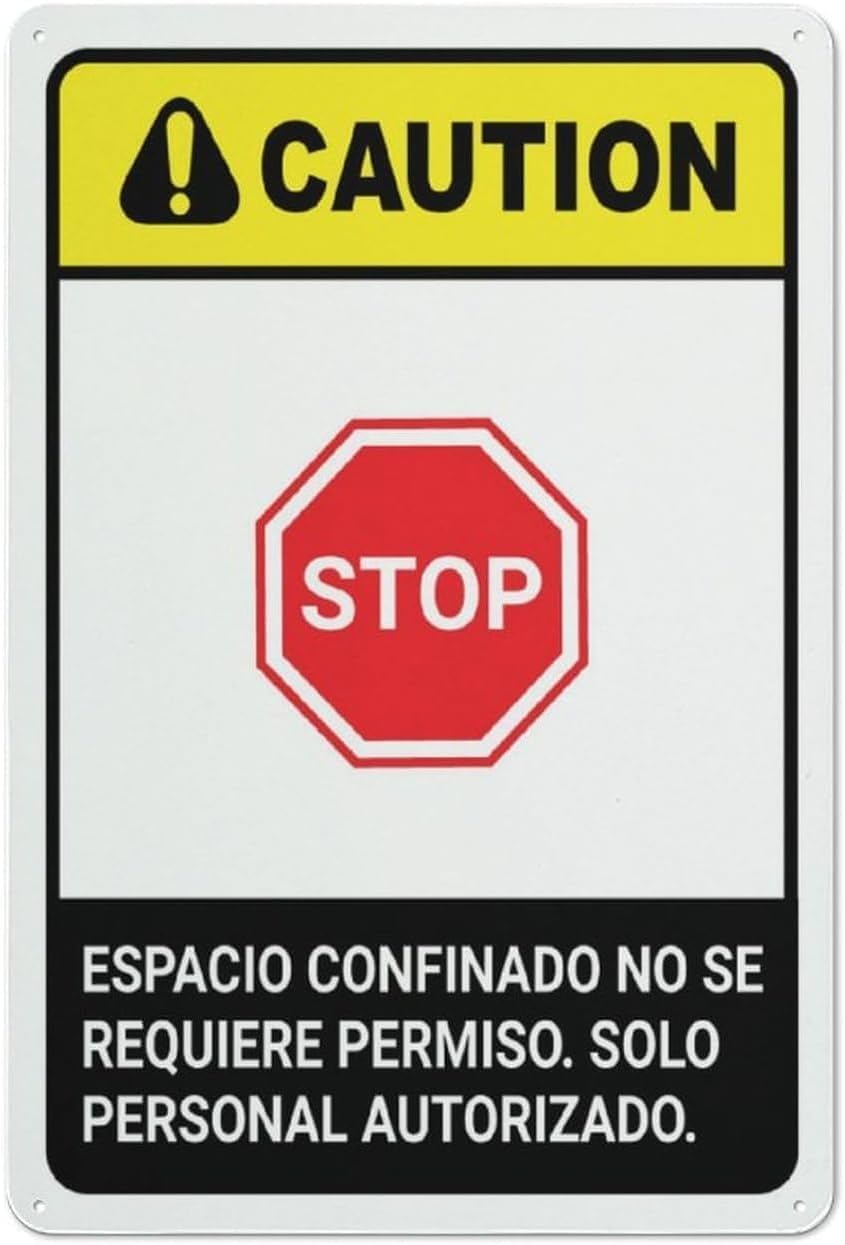 Spanish Bilingual Confined Space Caution Sign, Weatherproof Rustproof Aluminum Plate, Garage Farm Industrial Space Hazard Reminder, 8x12 Inch