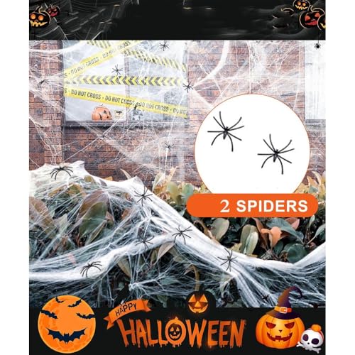 Image of Pop The Party Halloween Spider Web Decorations - Stretchable Fake Cobwebs with Spiders for Indoor & Outdoor Halloween, Haunted House & Yard Decor 2 Spiders
