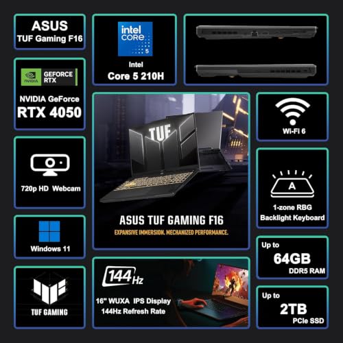 Image of ASUS TUF Gaming F16 Laptop 16 inch WUXGA IPS 144Hz Intel 8-core Core 5 210H 16GB RAM 1TB SSD GeForce RTX 4050 RGB Backlit Thunderbolt Win11 ICP Hub