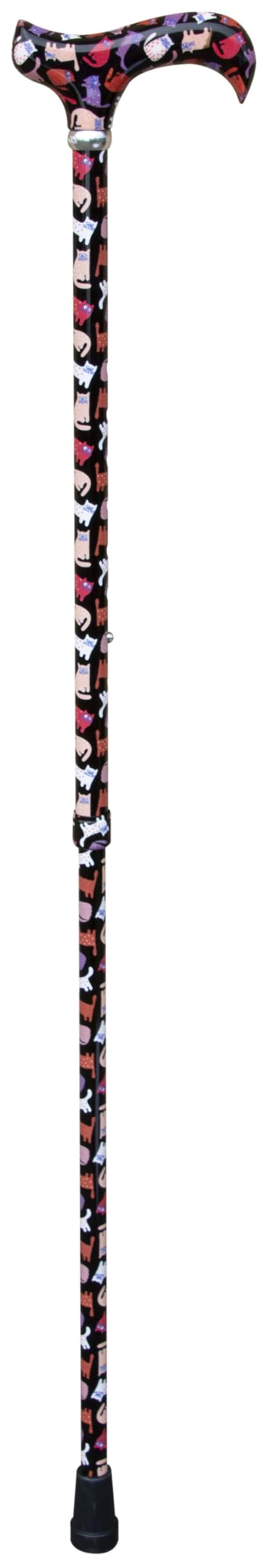 Design Gehstock CRAZY CATS, farbig, bunt, modisch, höhenverstellbar, Derbygriff, Leichtmetall, edler Chromring, Damen und Herren, mit Gummipuffer.