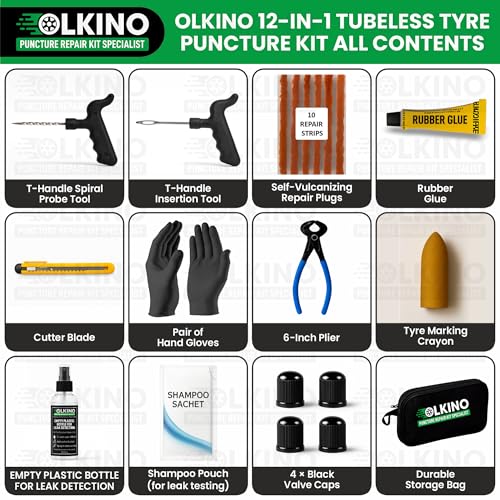 Image of 12-in-1 Tubeless Tyre Puncture Repair Kit for Cars & Bikes | Heavy-Duty T-Handle Tools & 10 High-Grip Repair Strips | with Plier, Solution, Cutter, Gloves (with Storage Bag)