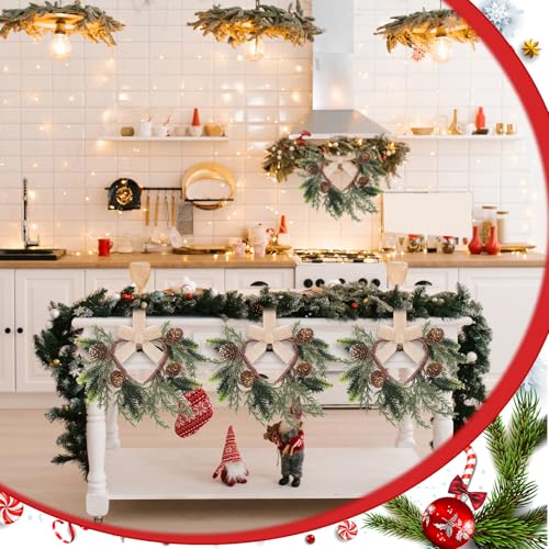 Image of Dingion 6 Pcs 6 inch Christmas Mini Cabinet Cedar Wreaths for Kitchen with Ribbon Bows Artificial Cedar and Pine Cone Small Window Wreath for Window Door Farmhouse Christmas Party Decorations