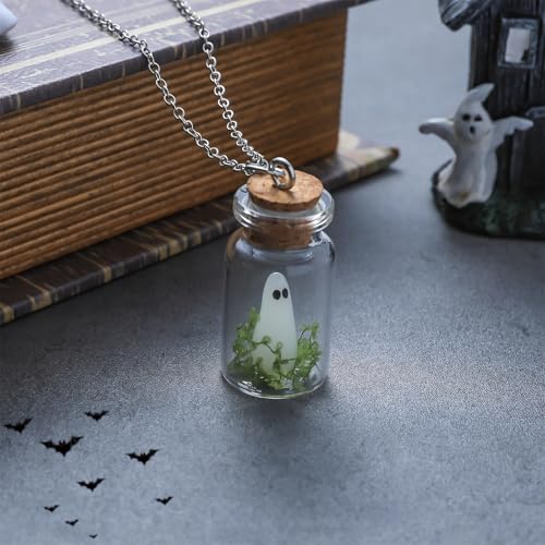 The Adopt a Ghost Necklace Cute Glow in The Dark Mini Glass Vial Bottle Jar Light Halloween Ghost Charms Decor Goth Necklaces Jewelry Weird Earrings Locket Pendant Spooky Decorations (Necklace-Green)4