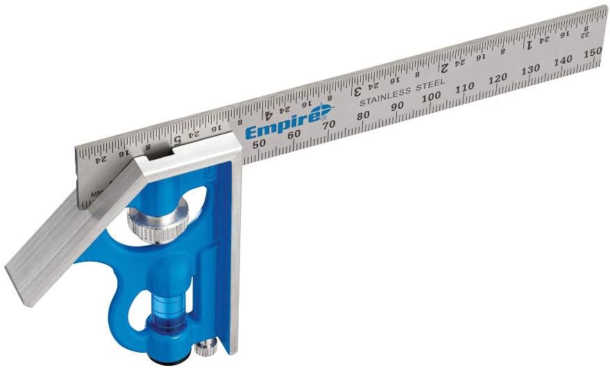 Empire E255IM Heavy Duty Professional Combination Square with Etched Stainless Steel Blade Inch and Metric Graduations, True Blue Vial, 6-Inch