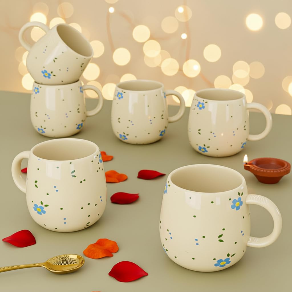 The Earth Store Ovule Flower Ceramic Tea Cups Set of 6, 160ML | Microwave and Dishwasher Safe Cup Set for Coffee, Perfect for Every Occasion, Gifting