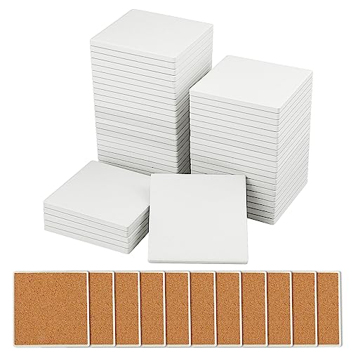 50 Pieces 4 Inch Blank Ceramic Coasters, Unglazed Ceramic Tiles Coasters, Ceramic Tiles with Cork Backing Pads for Painting, DIY Crafts, Mosaics, Square, White.by GNIEMCKIN.