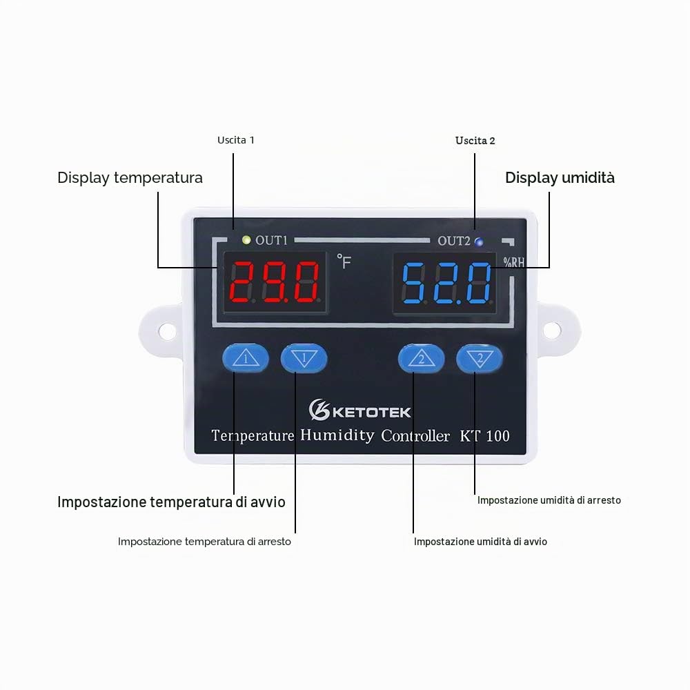 KETOTEK Regolatore di Temperatura e Umidità, Digitale Termoregolatore con Sonda, Termostato Umidostato 220V, Riscaldamento Raffreddamento Umidificazione Deumidificazione Controller