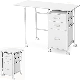 SFAREST Folding Computer Desk, Rolling Laptop Table with Wheels and Drawers, Portable PC Writing Workstation for Home, Office and Study (White, 105 x 50 x 75cm)