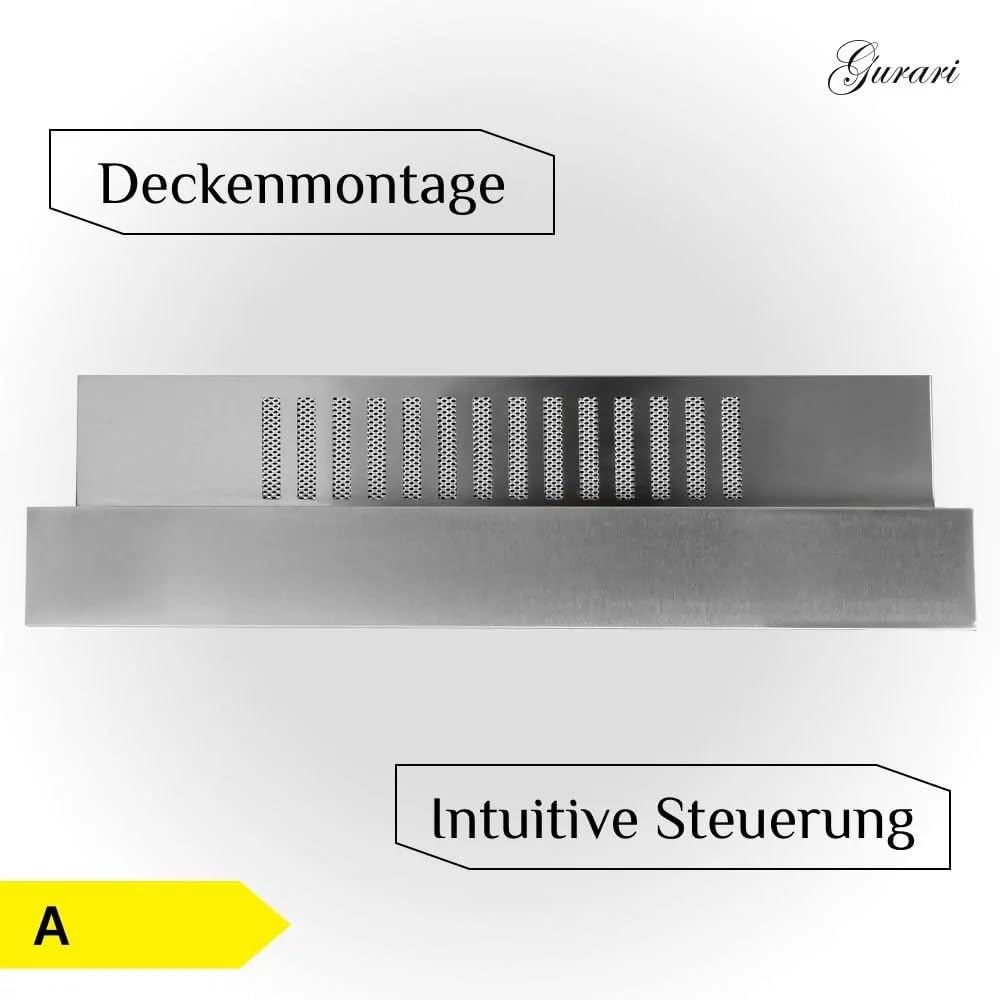 GURARI Deckenhaube GCH C 343 IS 90 BL PRIME Einbau Dunstabzugshaube 90 cm Edelstahl-Schwarzglas Umlufthaube 1000 m³/h Touch-Control Fernbedienung