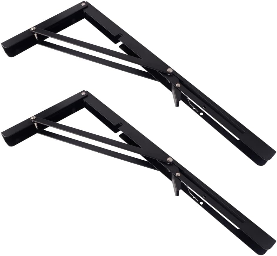2PCS Folding Shelf Brackets,Heavy Duty Triangle Shelf Bracket for Bench Table,Wall Mounted Standing Shelf Brackets for Saving Place,Multi Size 16" Black