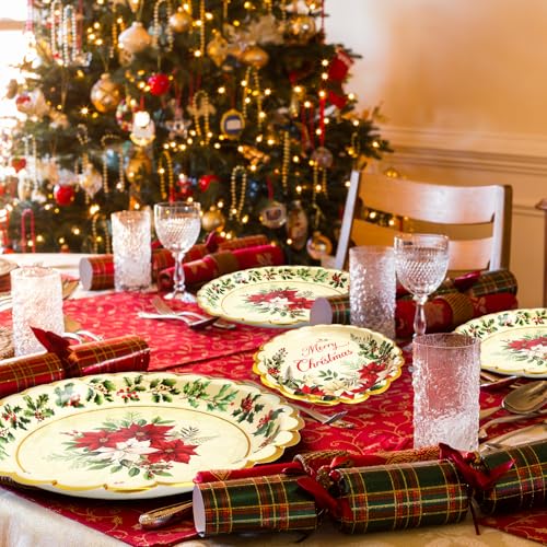 ceiba tree Christmas Paper Plates 48Pcs Vintage Holly Happy Holidays Disposable Dinner and Dessert Plates 9inch and 7inch Merry Christmas Party Supplies Poinsettia Dinnerware Set for 24 Guests – Image 7