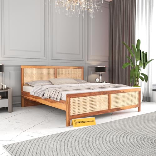 Image of Sheesham Wood Cane Bed Without Storage for Bedroom | Queen Size Wooden Double Bed Palang with Rattan Headboard & Footboard (Honey Finish)