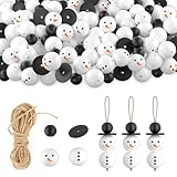 120 Stück Natürliche Holzperlen für 30 Sets Schneemänner mit 10m Hanf-Schnur, 20mm Schneemann-Gesicht Holzperlen, Weihnachtsperlen Für DIY-Basteleien, Weihnachten, Halloween, Winter-Dekorationen