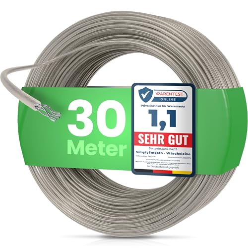 SimplySmooth Wäscheleine 30m - Wäscheseil mit Stahlkern in 3 Längen - stabile Wäscheleine extra stark - für Wäschespinne, Garten & Camping - Outdoor