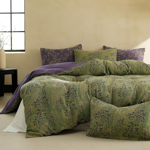 BISELINA 100% Cotton Muslin Duvet Cover Set Queen 3 Pcs Yarn-Dyed Jacquard Textured Reversible Floral Design Soft and Breathable Bedding Set with Zipper Closure Green Purple