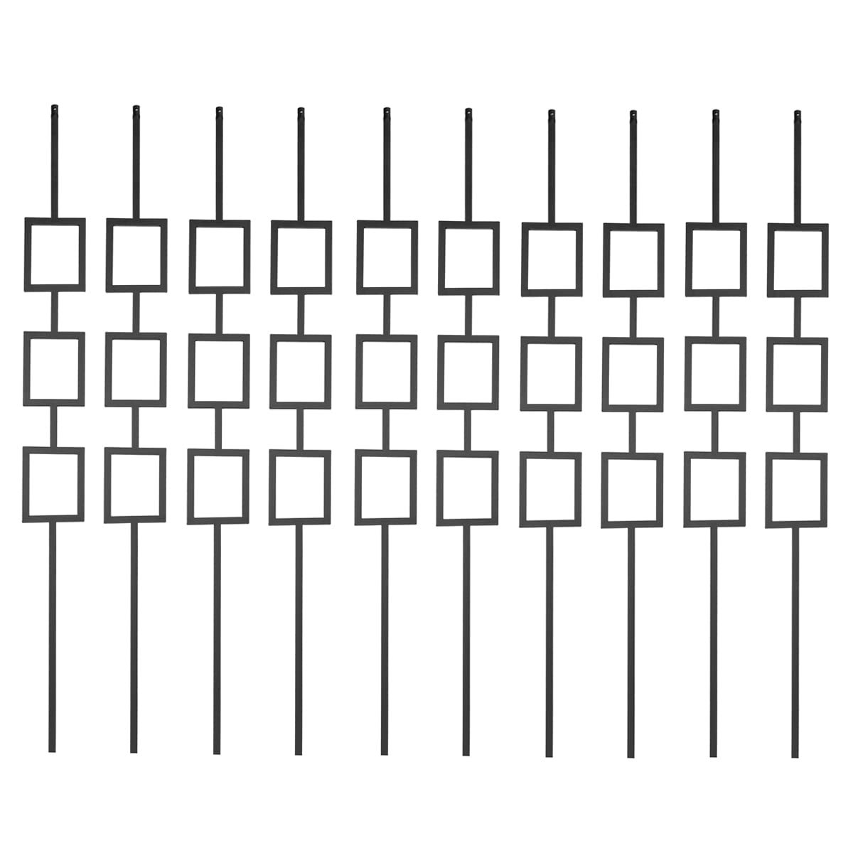 s11-wrought iron balusters – set of 10 deck balusters - decorative metal balusters for decks – triple rectangle - 1/2-inch hollow iron spindles – satin black metal railing