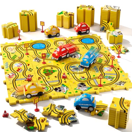 Bennol 73 PCS Puzzle Racer Car Track Set Toys for Kids Ages 3-5 4-6, Puzzle Tracks Car Toys Gifts for 3 4 5 Year Old Boys Kids, Toys Gifts for 3 4 5 Year Old Boys, Puzzle Racer Kids Car Track Set