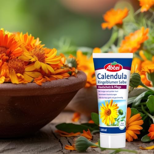 Abtei Calendula Ringelblumen Salbe - schützende und pflegende Salbe bei rissiger und spröder Haut – mit Arnika und Vitamin E - Parfümfrei - 1 x 100 ml Tube