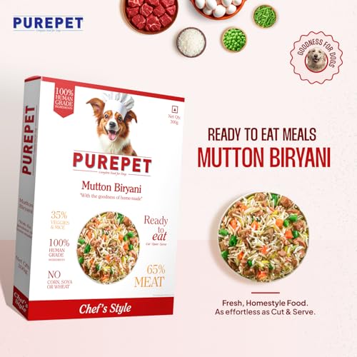 Image of Purepet Fresh Dog Food 300g | Mutton Biryani for Adults & Puppies | High Protein, 65% Real Meat, 35% Veggies & Rice | No Preservatives | Ready to Serve | All Breeds | Single Meal Pack (Pack of 5)