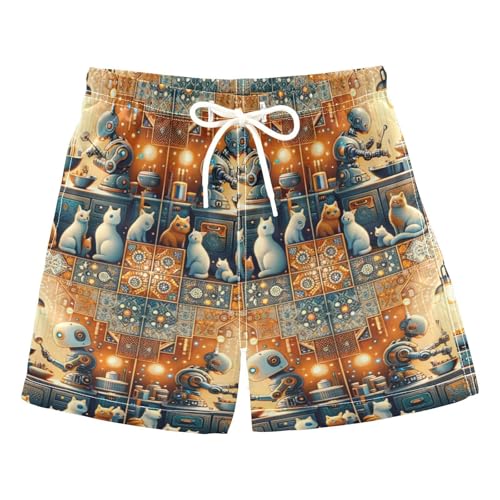 FLildon Ethnic Robots Cooking with Cats Little Boys Swim Trunks with Mesh Lining Quick Dry Beach Board Shorts, 3T