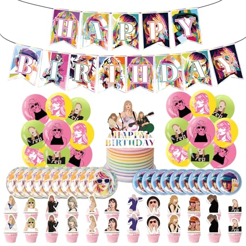 Gala Glow Music Singer Birthday Supplies Cute Pink Funny Happy Birthday Tableware Party Decoration Supplies with Banner Balloon Plate Cake Topper Cupcake Topper