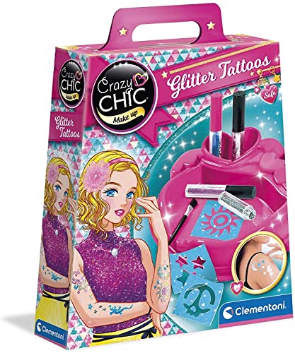 Clementoni Crazy Chic - Glitter Tattoo, Gioco Creativo Bambini 6+ Anni, Kit per Creare Tatuaggi Temporanei Glitterati,...