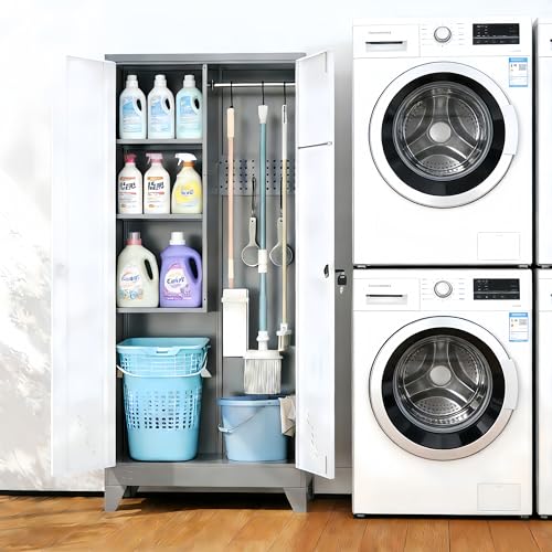 Image of Broom Closet Storage Cabinet, Metal Garage Storage Cabinet with 2 Doors & Pegboard, 61 inch Utility Cabinet with Hanging Rod, Tool Cabinet for Garage, Laundry Room, Home Office, White-Gray