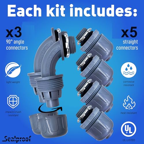 Sealproof 1/2-Inch Non-Metallic Liquid-Tight Conduit and Connector Kit, 50 Foot Made in USA Flexible Electrical Conduit Type B with 5 Straight and 3 90-Degree Conduit Connector Fittings, 0.5\" Dia - Thumbnail 3