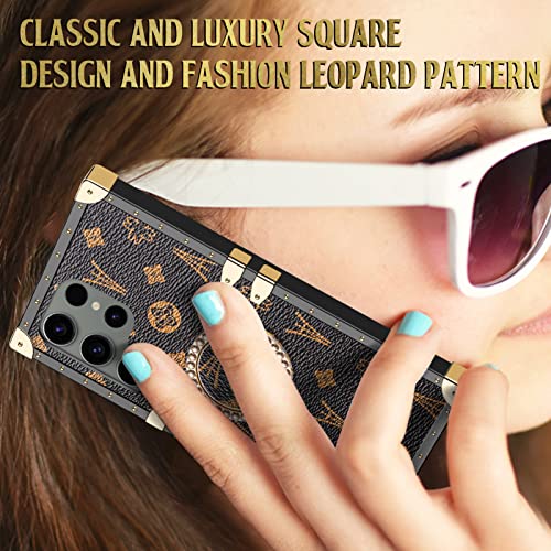 Wollony Galaxy S23 Ultra Square Leather Case, Luxury Retro Kickstand With Metal Edges, Shockproof Protective Cover - 6.8" Brown #TOP6